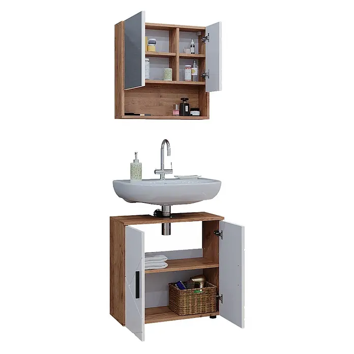 Vicco Badmöbel-Set Irma Weiß Hochglanz/Goldkraft Eiche 2 Teile, Unterschrank 60 cm - Gesamtbreite Badmöbel: 60 cm, Weiß Hochglanz, Glänzend - Badezimmerset in Eichenoptik: Wandschrank mit Spiegel & Regalen und Waschtischunterschrank mit weißem Waschbecken & Stauraum.