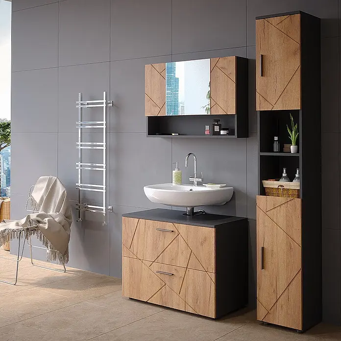 Vicco Badmöbel-Set Irma Goldkraft Eiche/Anthrazit 3 Teile, mit Spiegelschrank 80 cm - Gesamtbreite Badmöbel: 80 cm, Goldkraft Eiche, Matt - Modernes Badmöbel-Set mit geometrischen Holzeffekt-Türen und schwarzen Rahmen, bestehend aus Waschtisch, Spiegelschrank und Hochschränken.