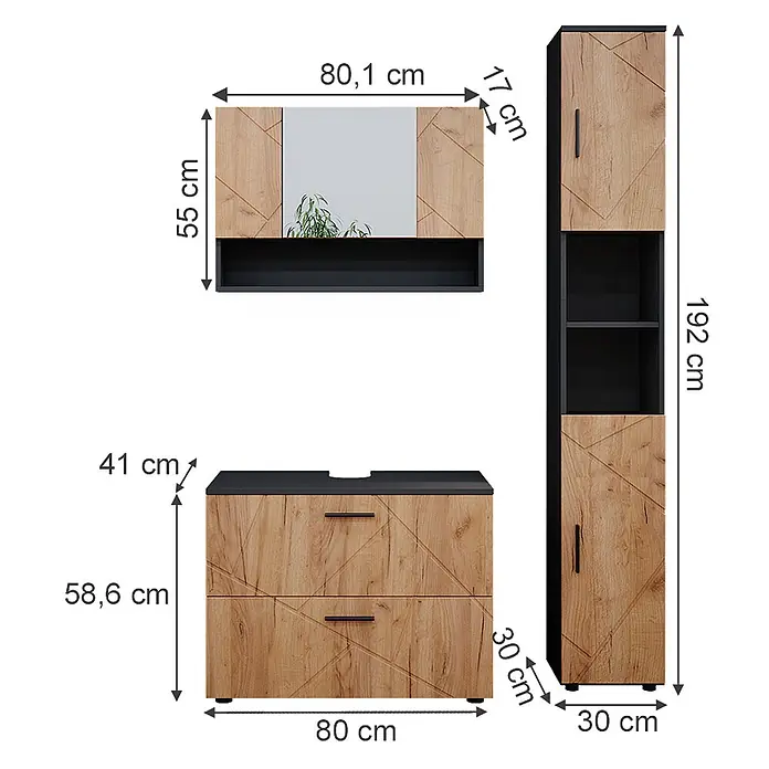 Vicco Badmöbel-Set Irma Goldkraft Eiche/Anthrazit 3 Teile, mit Spiegelschrank 80 cm - Gesamtbreite Badmöbel: 80 cm, Goldkraft Eiche, Matt - Dreiteiliges Badezimmermöbelset in Holzoptik mit geometrischem Muster und schwarzen Akzenten, bestehend aus Spiegelschrank, Waschtisch und Hochschrank.