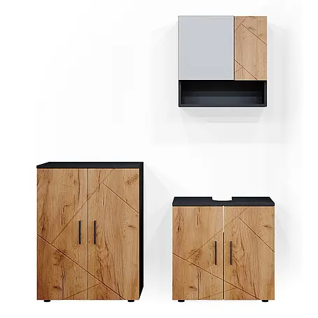 Vicco  Badmöbel-Set Irma Goldkraft Eiche/Anthrazit 3 Teile, mit Unterschrank 60 cm