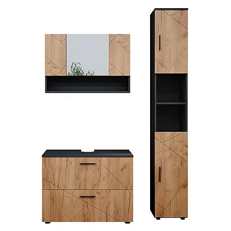 Vicco  Badmöbel-Set Irma Goldkraft Eiche/Anthrazit 3 Teile, mit Spiegelschrank 80 cm