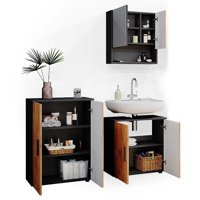 Vicco Badmöbel-Set Irma Goldkraft Eiche/Anthrazit 3 Teile, mit Unterschrank 60 cm - Gesamtbreite Badmöbel: 120 cm, Goldkraft Eiche, Matt - Modernes Badmöbel-Set in Schwarz/Dunkelgrau mit Holzakzenten: Wandschrank, Waschbeckenunterschrank und Beistellschrank.