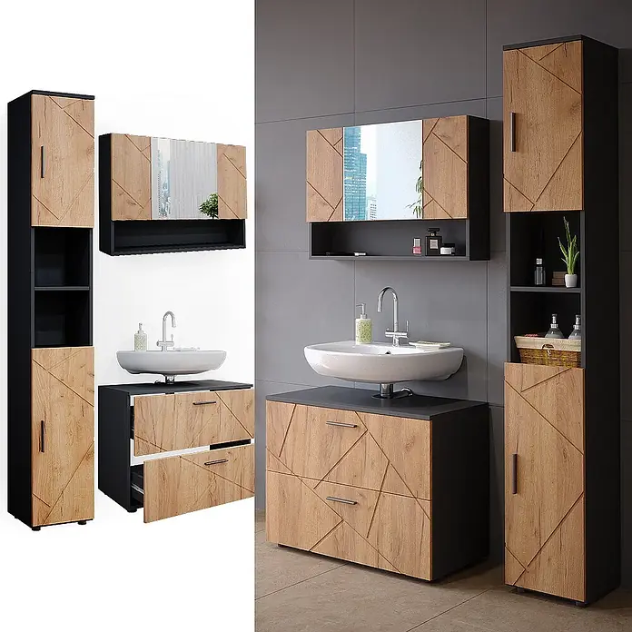 Vicco Badmöbel-Set Irma Goldkraft Eiche/Anthrazit 3 Teile, mit Spiegelschrank 80 cm - Gesamtbreite Badmöbel: 80 cm, Goldkraft Eiche, Matt - Modernes Badmöbel-Set mit hellen Holzoptik-Fronten im geometrischen Muster, dunkelgrauen Rahmen, Spiegelschrank, Hochschrank und Waschbeckenunterschrank.