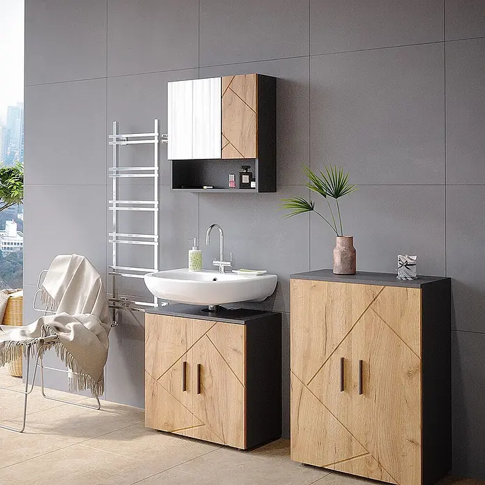 Vicco Badmöbel-Set Irma Goldkraft Eiche/Anthrazit 3 Teile, mit Unterschrank 60 cm - Gesamtbreite Badmöbel: 120 cm, Goldkraft Eiche, Matt - Modernes Badmöbelset: Holzoptik-Fronten mit geometrischen Mustern und dunkelgrauen Akzenten; Spiegelschrank, Waschbeckenunterschrank, Hochschrank.