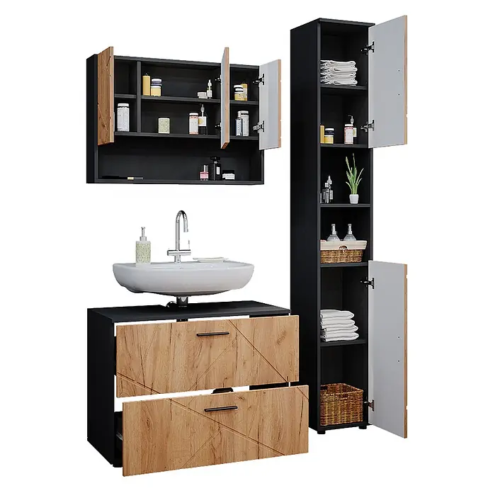 Vicco Badmöbel-Set Irma Goldkraft Eiche/Anthrazit 3 Teile, mit Spiegelschrank 80 cm - Gesamtbreite Badmöbel: 80 cm, Goldkraft Eiche, Matt - Modernes Badmöbelset in Schwarz und hellem Holz mit Waschbecken, Wand- und Hochschrank.