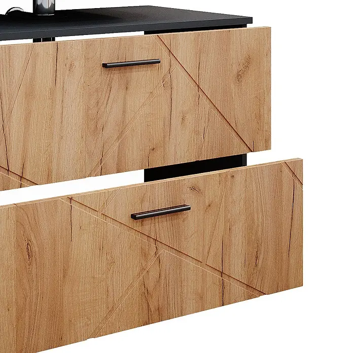 Vicco Badmöbel-Set Irma Goldkraft Eiche/Anthrazit 3 Teile, mit Spiegelschrank 80 cm - Gesamtbreite Badmöbel: 80 cm, Goldkraft Eiche, Matt - Holzschubladen mit geometrischem Muster, schwarzen Griffen und schwarzer Oberseite. Eine Schublade leicht geöffnet.