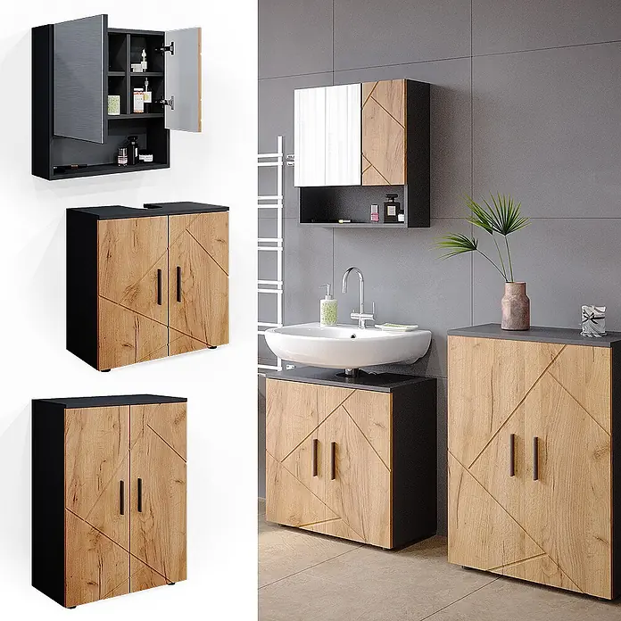 Vicco Badmöbel-Set Irma Goldkraft Eiche/Anthrazit 3 Teile, mit Unterschrank 60 cm - Gesamtbreite Badmöbel: 120 cm, Goldkraft Eiche, Matt - Badezimmermöbel-Set: Schwarz gerahmter Wandschrank mit Spiegel-/Eichentüren und passende Unterschränke mit geometrischen Eichenfronten.