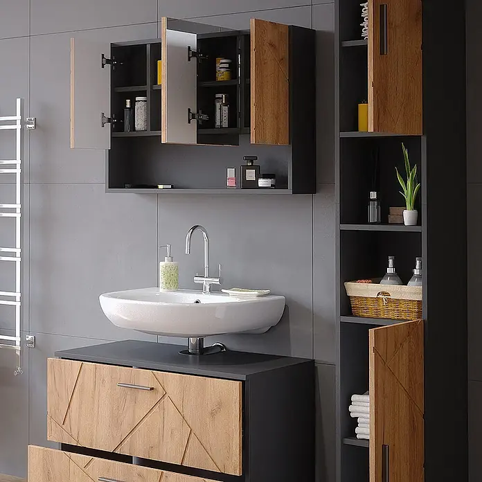Vicco Badmöbel-Set Irma Goldkraft Eiche/Anthrazit 3 Teile, mit Spiegelschrank 80 cm - Gesamtbreite Badmöbel: 80 cm, Goldkraft Eiche, Matt - Modernes Badezimmermöbel-Set in Dunkelgrau und Holzoptik mit geometrischen Mustern. Bestehend aus Waschbeckenunterschrank, Wandschrank und Hochschrank.