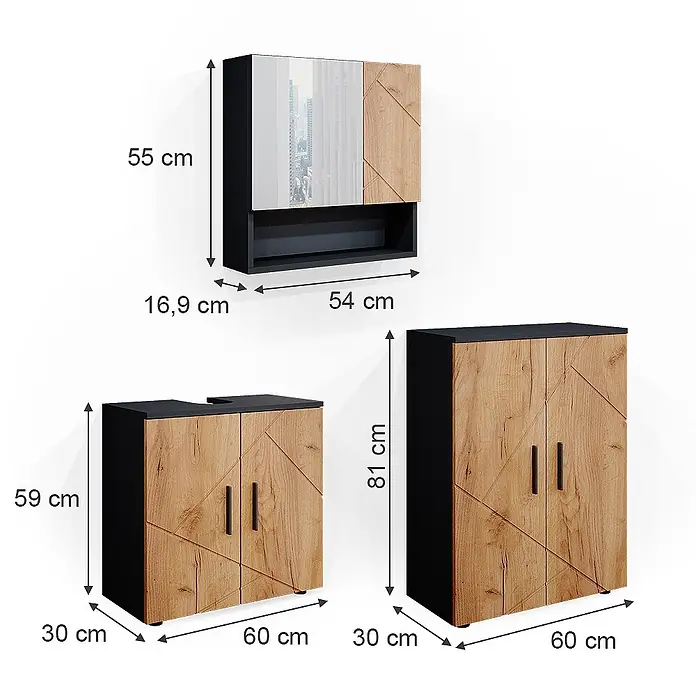 Vicco Badmöbel-Set Irma Goldkraft Eiche/Anthrazit 3 Teile, mit Unterschrank 60 cm - Gesamtbreite Badmöbel: 120 cm, Goldkraft Eiche, Matt - Badmöbel-Set mit schwarzen Rahmen und hellen Holzfronten mit geometrischen Mustern, inklusive Maße.