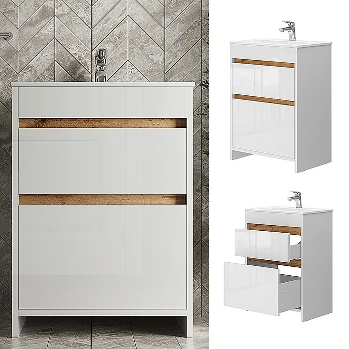 Vicco Badmöbel-Set Detmold Weiß Hochglanz/Goldkraft Eiche 2 Teile, Unterschrank 60 cm - Gesamtbreite Badmöbel: 58 cm, Weiß Hochglanz, Matt - Weißer Badezimmerschrank mit Waschbecken, zwei glänzenden Schubladen und horizontalen Holzakzenten, offen und geschlossen gezeigt.