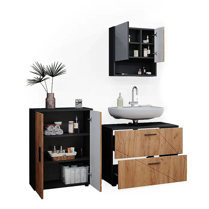 Vicco Badmöbel-Set Irma Goldkraft Eiche/Anthrazit 3 Teile, mit Unterschrank 80 cm - Gesamtbreite Badmöbel: 140 cm, Goldkraft Eiche, Matt - Schwarze und holzfarbene Badezimmermöbel-Garnitur mit Waschtisch, Wandschrank und Hochschrank, alle offen.
