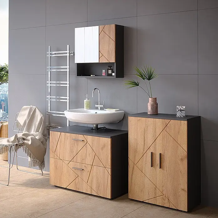 Vicco Badmöbel-Set Irma Goldkraft Eiche/Anthrazit 3 Teile, mit Unterschrank 80 cm - Gesamtbreite Badmöbel: 140 cm, Goldkraft Eiche, Matt - Modernes Badmöbel-Set in Holzoptik mit schwarzen Elementen und geometrischen Mustern, bestehend aus Waschtischunterschrank, Waschbecken und Schränken.