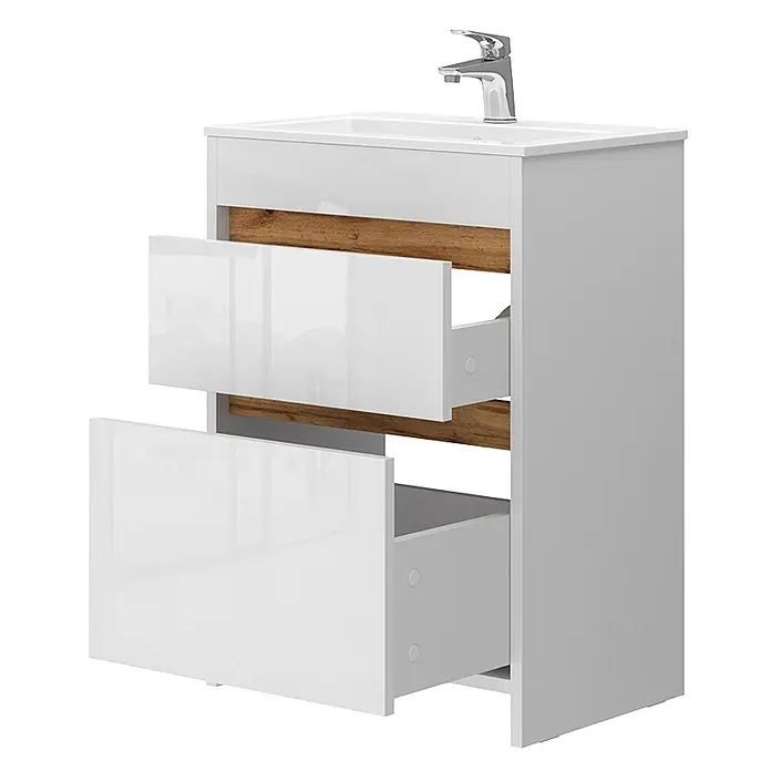 Vicco Badmöbel-Set Detmold Weiß Hochglanz/Goldkraft Eiche 2 Teile, Unterschrank 60 cm - Gesamtbreite Badmöbel: 58 cm, Weiß Hochglanz, Matt - Glänzender weißer Badunterschrank mit Waschbecken, Chromarmatur und zwei Schubladen mit Holzinterieur.