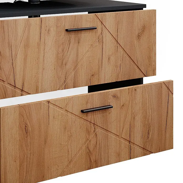 Vicco Badmöbel-Set Irma Goldkraft Eiche/Anthrazit 3 Teile, mit Unterschrank 80 cm - Gesamtbreite Badmöbel: 140 cm, Goldkraft Eiche, Matt - Zwei Schubladen in heller Holzoptik mit schwarzen Griffen und geometrischem Muster, eine leicht geöffnet.
