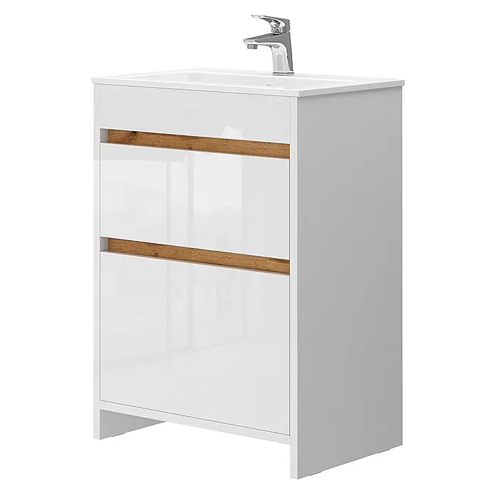 Vicco Badmöbel-Set Detmold Weiß Hochglanz/Goldkraft Eiche 2 Teile, Unterschrank 60 cm - Gesamtbreite Badmöbel: 58 cm, Weiß Hochglanz, Matt - Weißer glänzender Badunterschrank mit integriertem Waschbecken, Chromarmatur und zwei Schubladen mit Naturholzgriffen.