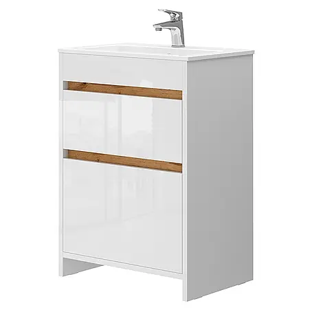 Vicco  Badmöbel-Set Detmold Weiß Hochglanz/Goldkraft Eiche 2 Teile, Unterschrank 60 cm