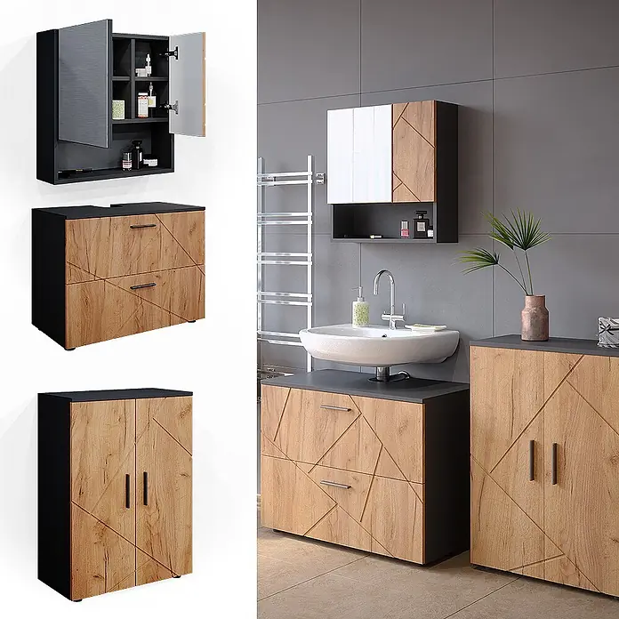 Vicco Badmöbel-Set Irma Goldkraft Eiche/Anthrazit 3 Teile, mit Unterschrank 80 cm - Gesamtbreite Badmöbel: 140 cm, Goldkraft Eiche, Matt - Modernes Badmöbel-Set mit dunklen Rahmen und hellen Holzfronten mit geometrischen Mustern, bestehend aus Spiegelschrank, Waschtischunterschrank und Hochschrank.