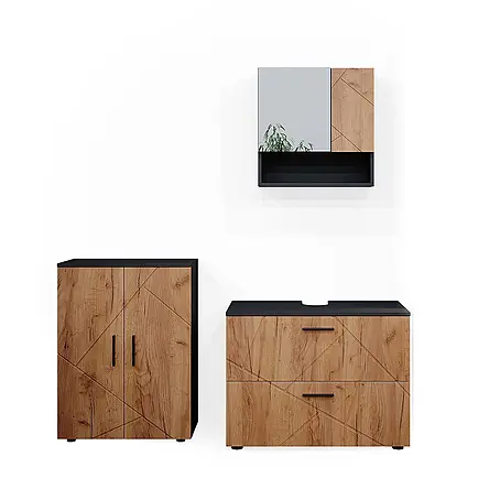 Vicco  Badmöbel-Set Irma Goldkraft Eiche/Anthrazit 3 Teile, mit Unterschrank 80 cm