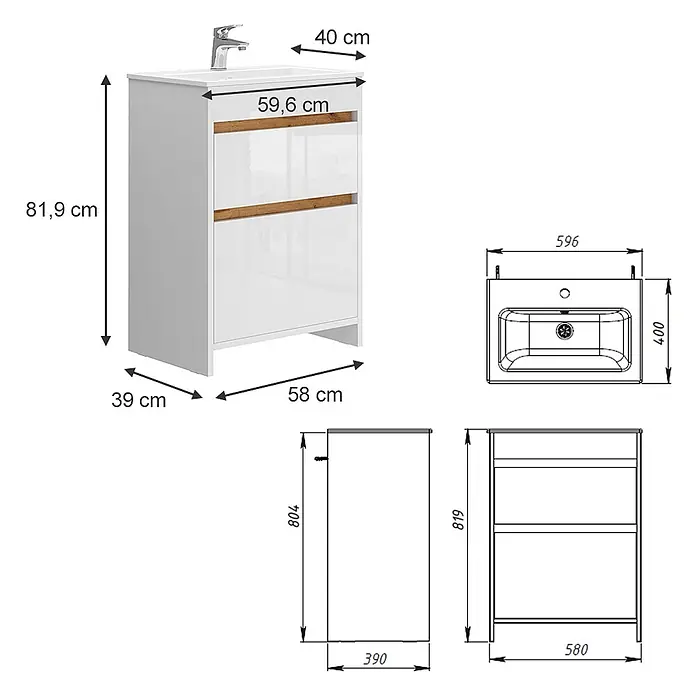 Vicco Badmöbel-Set Detmold Weiß Hochglanz/Goldkraft Eiche 2 Teile, Unterschrank 60 cm - Gesamtbreite Badmöbel: 58 cm, Weiß Hochglanz, Matt - Weißer Badunterschrank mit integriertem Waschbecken, Armatur und zwei Schubladen mit Holzdetails.