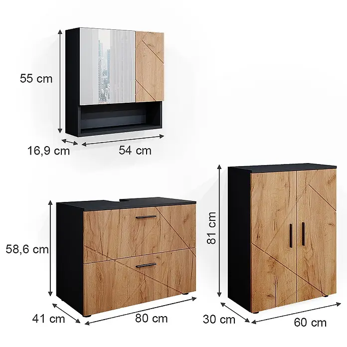 Vicco Badmöbel-Set Irma Goldkraft Eiche/Anthrazit 3 Teile, mit Unterschrank 80 cm - Gesamtbreite Badmöbel: 140 cm, Goldkraft Eiche, Matt - Dreiteiliges Badmöbelset in Holzoptik und Schwarz: Hängeschrank, Unterschrank mit zwei Schubladen, Hochschrank.