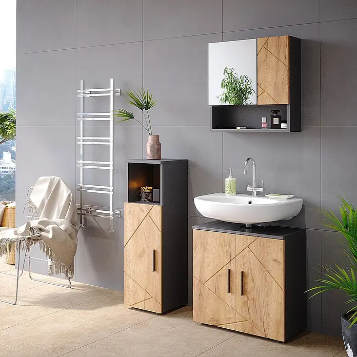 Vicco Badmöbel-Set Irma Goldkraft Eiche/Anthrazit 3 Teile - Gesamtbreite Badmöbel: 90 cm, Goldkraft Eiche, Matt - Moderne Badmöbel mit dunklen Rahmen und hellen Holzfronten in geometrischem Design, inklusive Waschtisch und Stauraum.