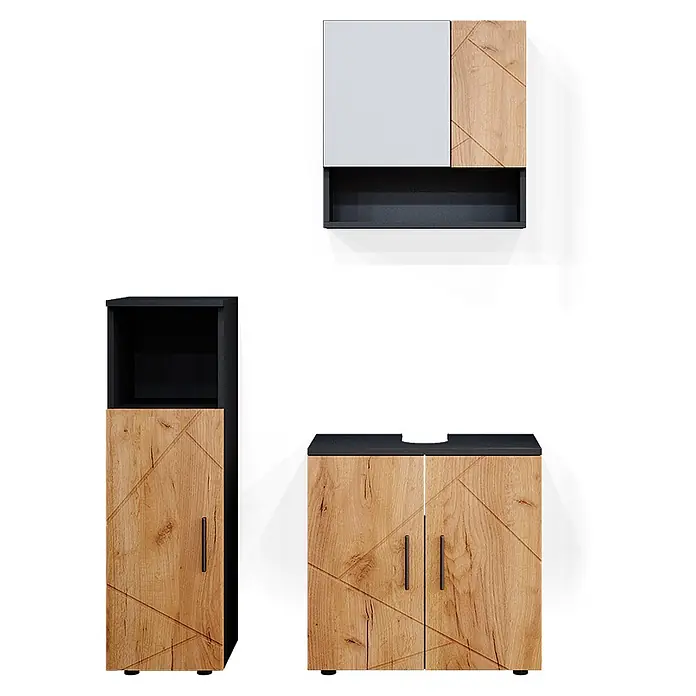 Vicco Badmöbel-Set Irma Goldkraft Eiche/Anthrazit 3 Teile - Gesamtbreite Badmöbel: 90 cm, Goldkraft Eiche, Matt - Modernes Badmöbel-Set: schwarz gerahmte Schränke mit hellen Holzoptik-Türen, geometrischen Mustern und einer weißen Tür.