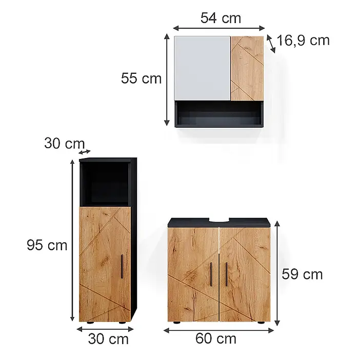 Vicco Badmöbel-Set Irma Goldkraft Eiche/Anthrazit 3 Teile - Gesamtbreite Badmöbel: 90 cm, Goldkraft Eiche, Matt - Drei moderne Badschränke: ein hoher Schrank, ein Waschtischunterschrank mit Aussparung und ein Wandschrank, in Holzoptik mit dunklen Akzenten.
