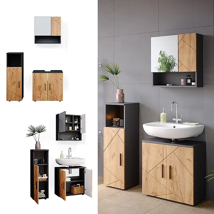 Vicco Badmöbel-Set Irma Goldkraft Eiche/Anthrazit 3 Teile - Gesamtbreite Badmöbel: 90 cm, Goldkraft Eiche, Matt - Modernes Badmöbel-Set: Waschtisch, Hochschrank, Spiegelschrank in Dunkelgrau mit hellen Holzfronten und geometrischem Muster.