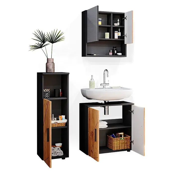 Vicco Badmöbel-Set Irma Goldkraft Eiche/Anthrazit 3 Teile - Gesamtbreite Badmöbel: 90 cm, Goldkraft Eiche, Matt - Modernes schwarzes Badmöbelset mit Holzmuster-Türen, bestehend aus Wandschrank, Hochschrank und Waschtischunterschrank mit Waschbecken.
