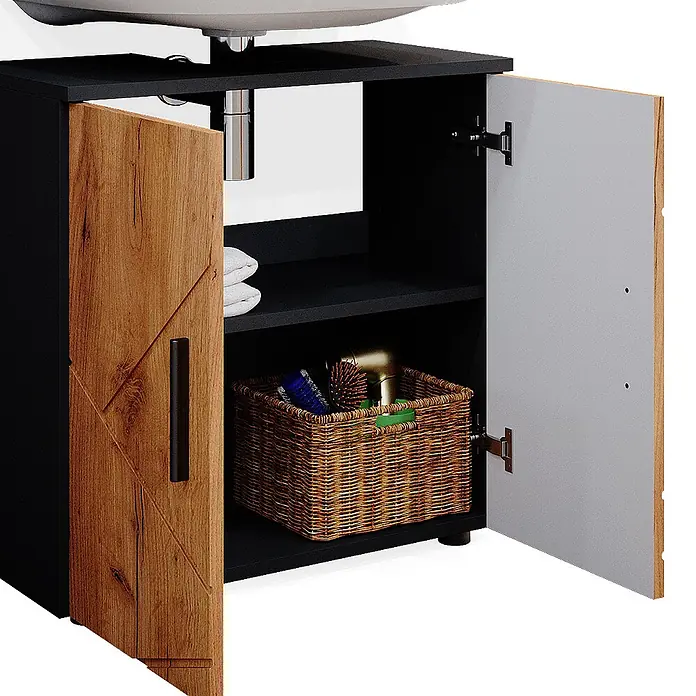 Vicco Badmöbel-Set Irma Goldkraft Eiche/Anthrazit 3 Teile - Gesamtbreite Badmöbel: 90 cm, Goldkraft Eiche, Matt - Schwarzer Waschtischunterschrank mit zwei offenen Türen, eine in Holzoptik, zeigt Innenfächer mit Korb und Handtüchern.