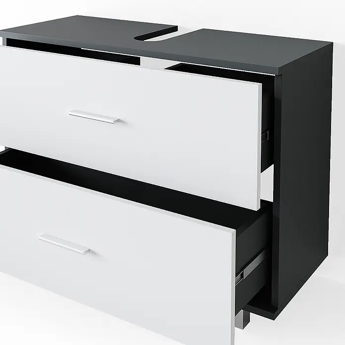 Vicco Badmöbel-Set Ilias Weiß/Anthrazit 2 Teile, Unterschrank 80 cm - Gesamtbreite Badmöbel: 80,2 cm, Weiß, Matt - Schwarz-weißer Badschrank mit zwei leicht geöffneten Schubladen und Aussparungen oben für ein Waschbecken.