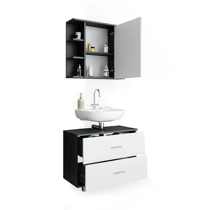 Vicco Badmöbel-Set Ilias Weiß/Anthrazit 2 Teile, Unterschrank 80 cm - Gesamtbreite Badmöbel: 80,2 cm, Weiß, Matt - Moderner schwarz-weißer Badschrank mit Aufsatzwaschbecken, Schubladen und passendem Wandschrank.