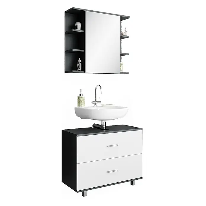 Vicco Badmöbel-Set Ilias Weiß/Anthrazit 2 Teile, Unterschrank 80 cm - Gesamtbreite Badmöbel: 80,2 cm, Weiß, Matt - Zweiteiliges Badmöbelset in Dunkelgrau und Weiß mit Spiegelschrank, offenen Regalen und Waschtischunterschrank mit Schubladen.