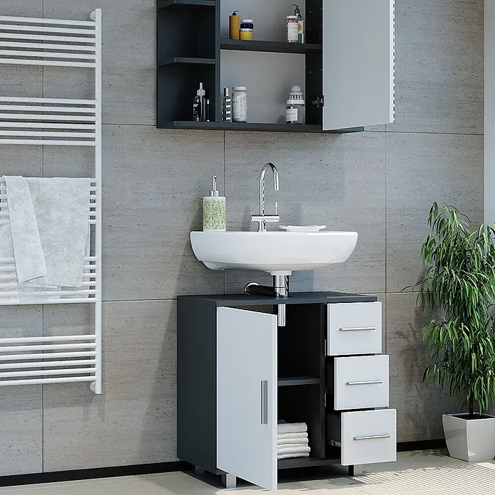 Vicco Badmöbel-Set Ilias Weiß/Anthrazit 2 Teile, Unterschrank 80 cm - Gesamtbreite Badmöbel: 80,2 cm, Weiß, Matt - Dunkelgraues und weißes Badmöbel-Set mit Waschbecken, Wandschrank und Schubladen in modernem Badezimmer.