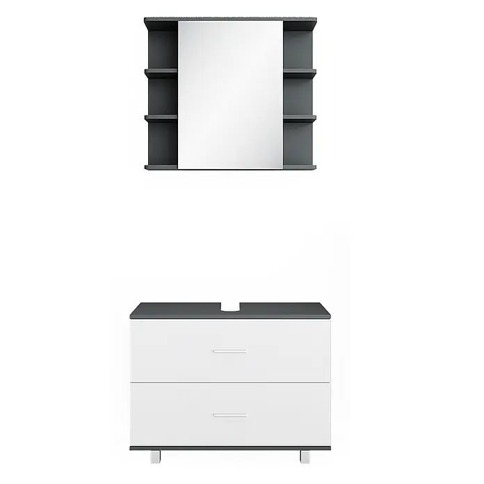 Vicco Badmöbel-Set Ilias Weiß/Anthrazit 2 Teile, Unterschrank 80 cm - Gesamtbreite Badmöbel: 80,2 cm, Weiß, Matt - Weißes und dunkelgraues Badmöbel-Set: wandmontierter Spiegelschrank mit Regalen und Waschtischunterschrank mit zwei Schubladen.
