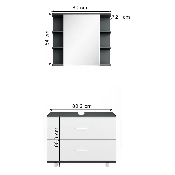 Vicco Badmöbel-Set Ilias Weiß/Anthrazit 2 Teile, Unterschrank 80 cm - Gesamtbreite Badmöbel: 80,2 cm, Weiß, Matt - Grauer Spiegelschrank mit offenen Fächern (80x64x21 cm) und passende weiß-graue Kommode mit zwei Schubladen (80,2x60,8 cm) mit Maßen.