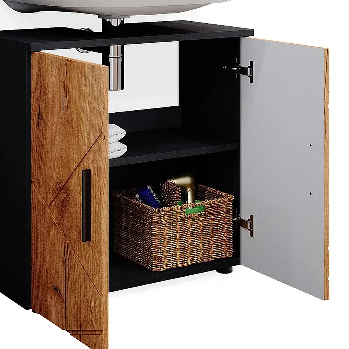 Vicco Badmöbel-Set Irma Goldkraft Eiche/Anthrazit 4 Teile, mit Hochschrank und Kommode - Gesamtbreite Badmöbel: 150 cm, Goldkraft Eiche, Matt - Schwarzer Waschtischunterschrank mit Holzeffekt-Tür, bietet Stauraum unter dem Waschbecken.