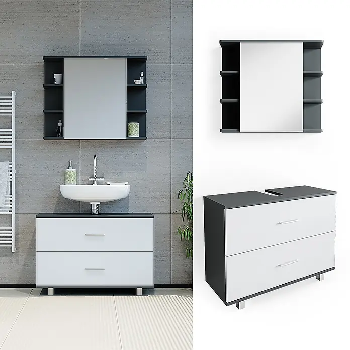 Vicco Badmöbel-Set Ilias Weiß/Anthrazit 2 Teile, Unterschrank 80 cm - Gesamtbreite Badmöbel: 80,2 cm, Weiß, Matt - Modernes dunkelgrau-weißes Badmöbelset mit Spiegelschrank und Waschtischunterschrank mit zwei Schubladen.