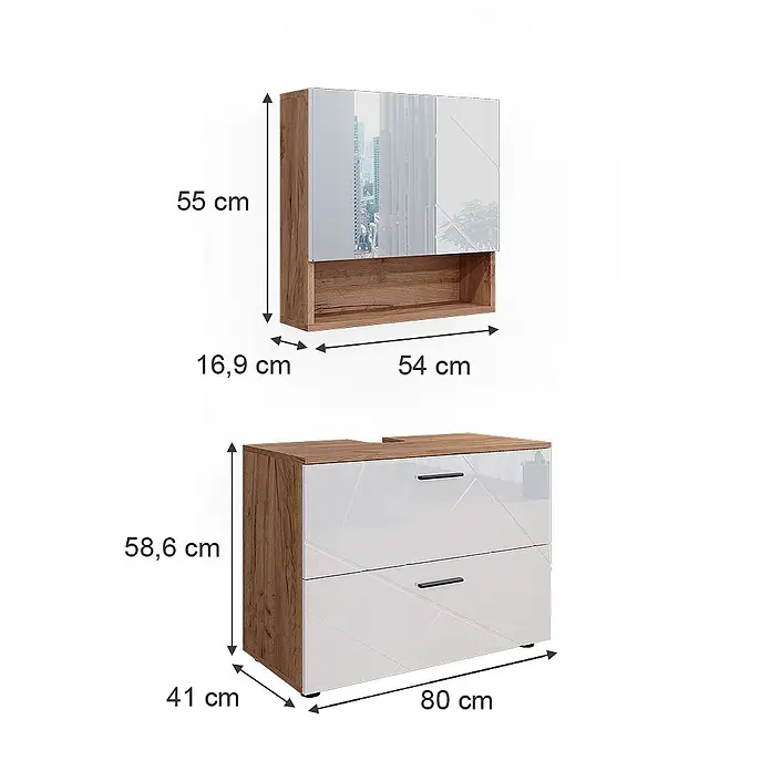Vicco Badmöbel-Set Irma Weiß Hochglanz/Goldkraft Eiche 2 Teile - Gesamtbreite Badmöbel: 80 cm, Weiß Hochglanz, Glänzend - Zweiteiliges Badezimmerset: ein Spiegelschrank und ein Waschtischunterschrank mit Holzmaserung und glänzenden weißen Fronten.