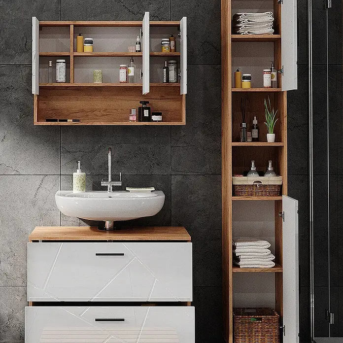 Vicco Badmöbel-Set Irma Weiß Hochglanz/Goldkraft Eiche 3 Teile, mit Spiegelschrank 80 cm - Gesamtbreite Badmöbel: 80 cm, Weiß Hochglanz, Glänzend - Modernes Badezimmermöbel-Set in Holzoptik und Weiß mit Keramikwaschbecken, Spiegelschrank und hohem Schrank.