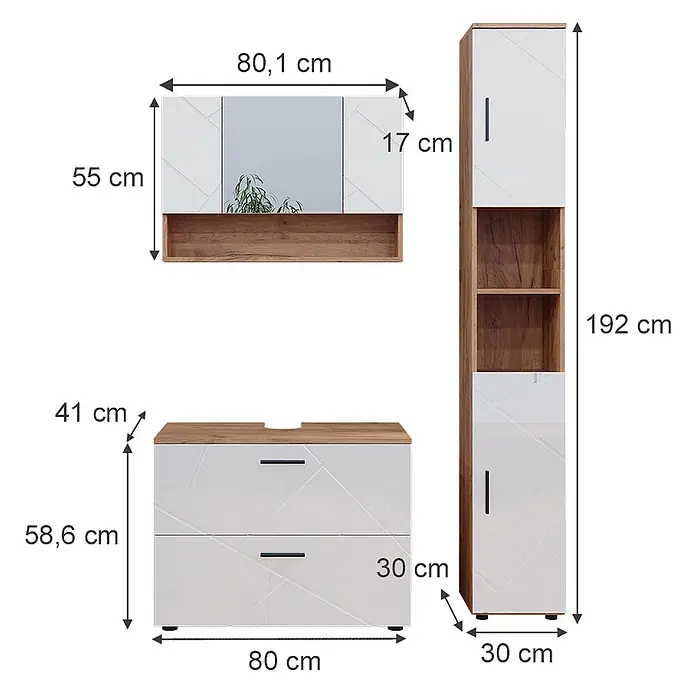 Vicco Badmöbel-Set Irma Weiß Hochglanz/Goldkraft Eiche 3 Teile, mit Spiegelschrank 80 cm - Gesamtbreite Badmöbel: 80 cm, Weiß Hochglanz, Glänzend - Weißes Badmöbel-Set mit hellen Holzdetails: Spiegelschrank, Waschtischunterschrank und Hochschrank.