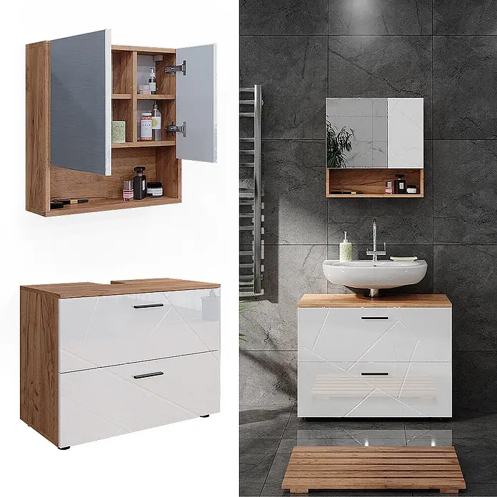 Vicco Badmöbel-Set Irma Weiß Hochglanz/Goldkraft Eiche 2 Teile - Gesamtbreite Badmöbel: 80 cm, Weiß Hochglanz, Glänzend - Modernes Badezimmerset mit Eichenholzrahmen und weißen Hochglanzfronten mit geometrischem Muster, inkl. Wandschrank und Waschtisch.