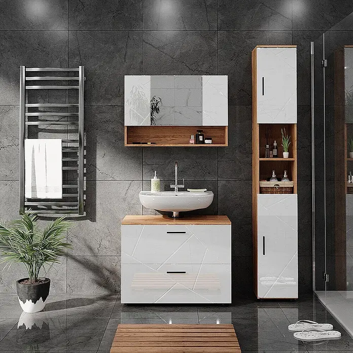Vicco Badmöbel-Set Irma Weiß Hochglanz/Goldkraft Eiche 3 Teile, mit Spiegelschrank 80 cm - Gesamtbreite Badmöbel: 80 cm, Weiß Hochglanz, Glänzend - Modernes Badmöbel-Set mit weißen Marmoreffektfronten, Holzplatten und schwarzen Griffen, bestehend aus Waschtisch, Spiegelschrank und Hochschrank.