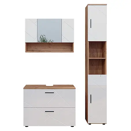 Vicco  Badmöbel-Set Irma Weiß Hochglanz/Goldkraft Eiche 3 Teile, mit Spiegelschrank 80 cm