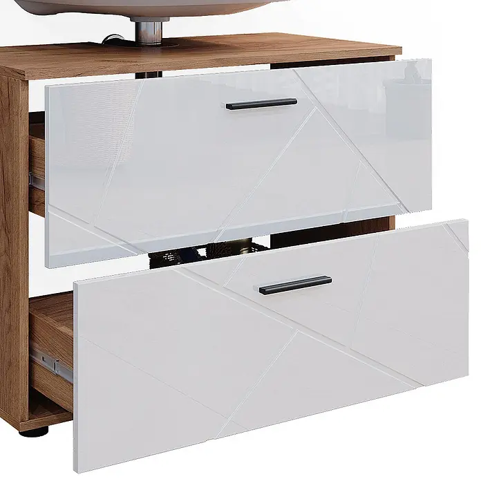 Vicco Badmöbel-Set Irma Weiß Hochglanz/Goldkraft Eiche 2 Teile - Gesamtbreite Badmöbel: 80 cm, Weiß Hochglanz, Glänzend - Hölzerner Badunterschrank mit zwei teils geöffneten weißen Hochglanzschubladen, geometrisch gemustert, schwarzen Griffen.