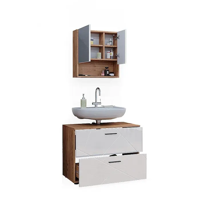 Vicco Badmöbel-Set Irma Weiß Hochglanz/Goldkraft Eiche 2 Teile - Gesamtbreite Badmöbel: 80 cm, Weiß Hochglanz, Glänzend - Badezimmer-Waschtischset aus Holz mit weißem Aufsatzwaschbecken, Armatur und Spiegelschrank. Eine Schublade und Schranktür offen.
