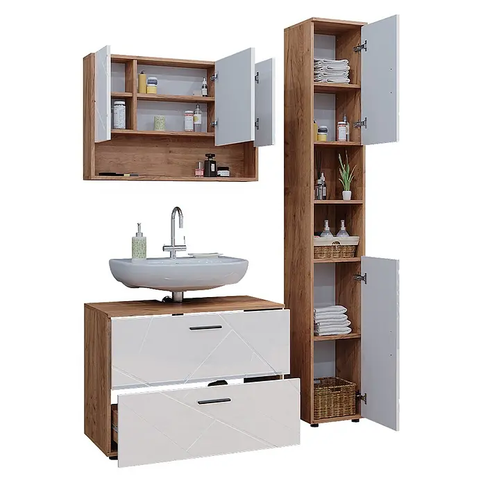 Vicco Badmöbel-Set Irma Weiß Hochglanz/Goldkraft Eiche 3 Teile, mit Spiegelschrank 80 cm - Gesamtbreite Badmöbel: 80 cm, Weiß Hochglanz, Glänzend - Modernes Badmöbel-Set: Waschtisch in Holzoptik mit weißen geometrischen Schubladen und Waschbecken, passender Wandschrank und Hochschrank mit weißen Türen.