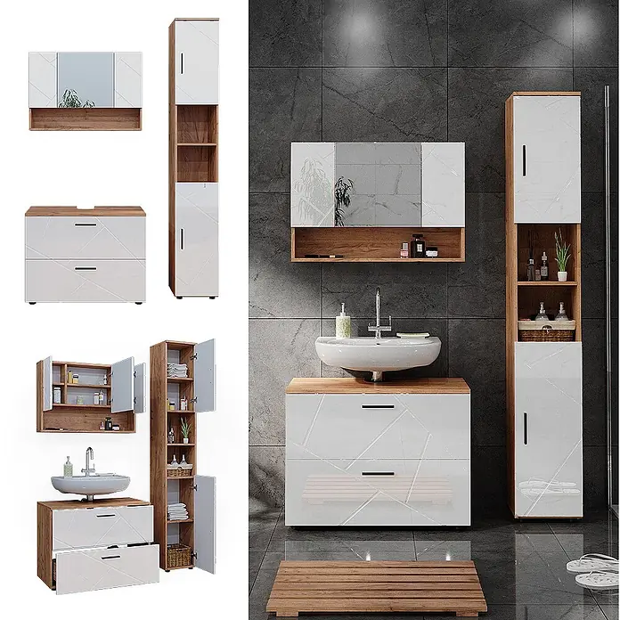 Vicco Badmöbel-Set Irma Weiß Hochglanz/Goldkraft Eiche 3 Teile, mit Spiegelschrank 80 cm - Gesamtbreite Badmöbel: 80 cm, Weiß Hochglanz, Glänzend - Modernes Badmöbel-Set: Holzoptik-Waschtisch mit weißen geometrisch gemusterten Schubladen, passender Hochschrank und Spiegelschrank.