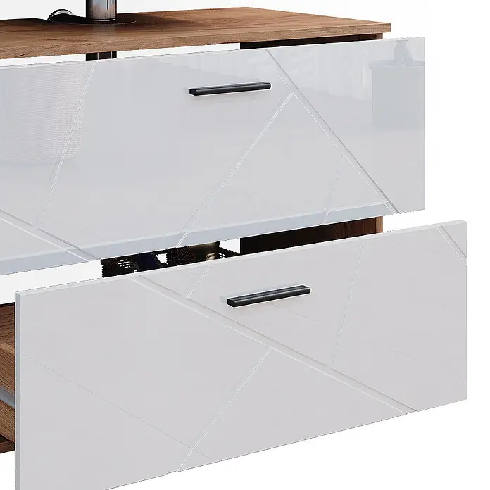 Vicco Badmöbel-Set Irma Weiß Hochglanz/Goldkraft Eiche 3 Teile, mit Spiegelschrank 80 cm - Gesamtbreite Badmöbel: 80 cm, Weiß Hochglanz, Glänzend - Weiße Hochglanzschubladen mit eckigem Muster und schwarzen Griffen an einem Holzschrank, eine Schublade leicht geöffnet.