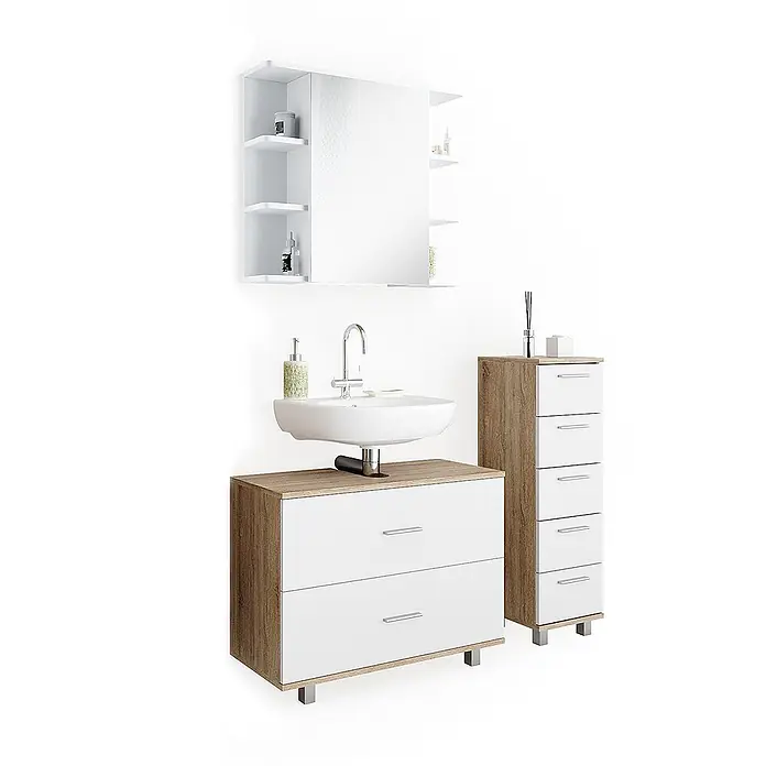 Vicco Badmöbel-Set Ilias Weiß/Sonoma 3 Teile, mit Unterschrank 80 cm - Gesamtbreite Badmöbel: 110,2 cm, Weiß, Matt - Badmöbel-Set: Weiß-Holzoptik-Waschtischunterschrank mit 2 Schubladen, hoher 5-Schubladen-Schrank und Spiegelschrank mit Ablagen.